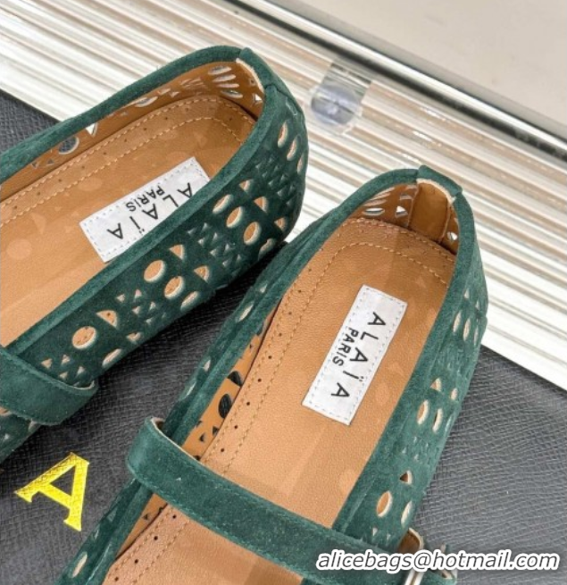 Pretty Style Alaia Ballet Flat in Openwork Suede Dark Green 0224044