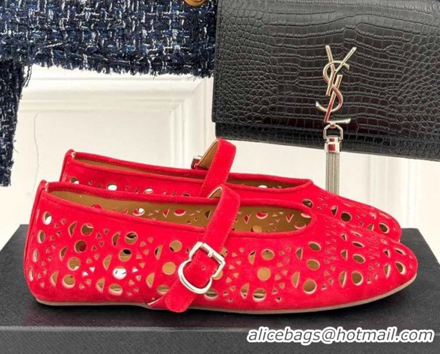 Good Looking Alaia Ballet Flat in Openwork Suede Red 0224045