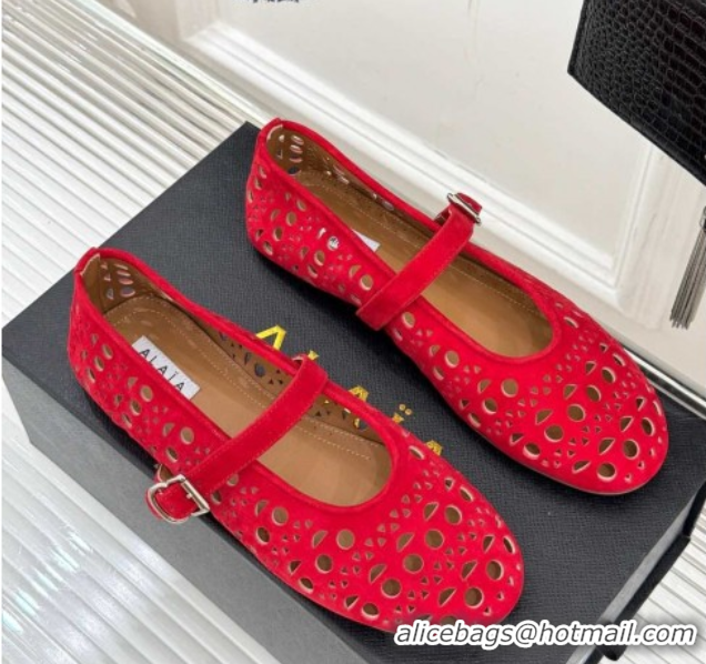 Good Looking Alaia Ballet Flat in Openwork Suede Red 0224045
