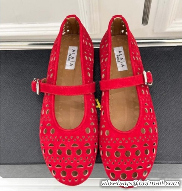 Good Looking Alaia Ballet Flat in Openwork Suede Red 0224045