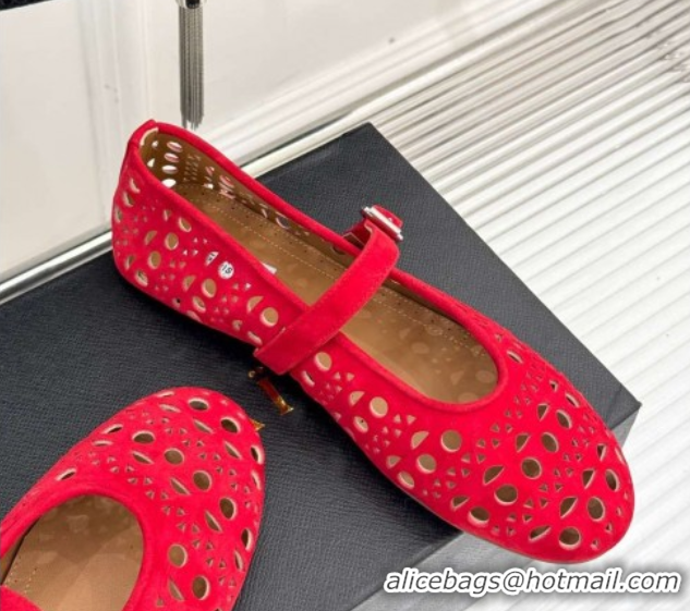 Good Looking Alaia Ballet Flat in Openwork Suede Red 0224045