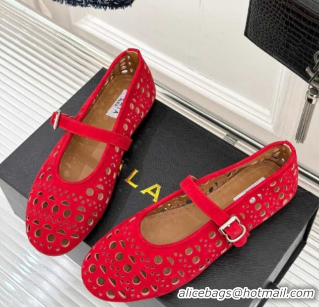 Good Looking Alaia Ballet Flat in Openwork Suede Red 0224045