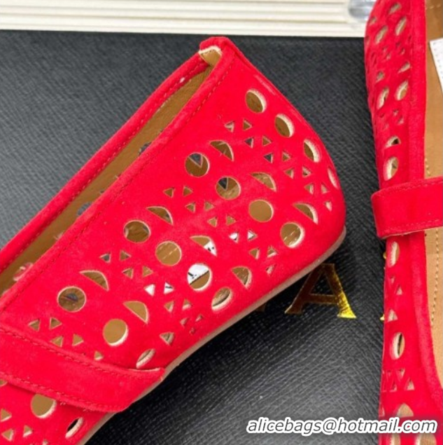 Good Looking Alaia Ballet Flat in Openwork Suede Red 0224045