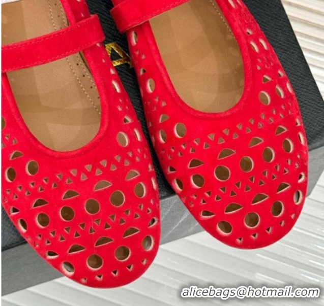 Good Looking Alaia Ballet Flat in Openwork Suede Red 0224045