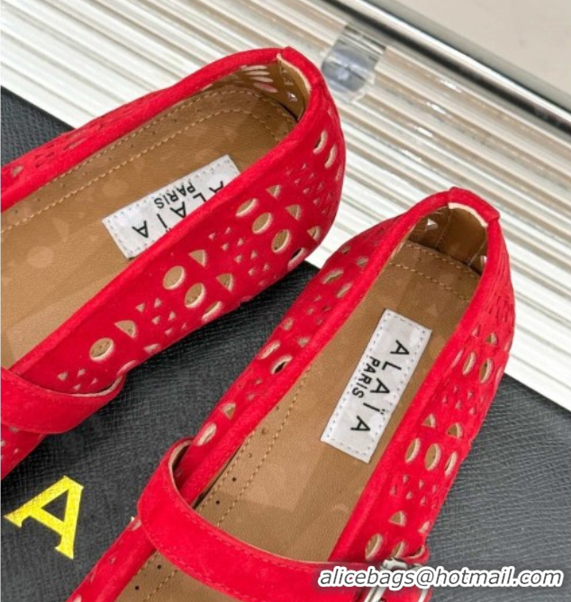 Good Looking Alaia Ballet Flat in Openwork Suede Red 0224045
