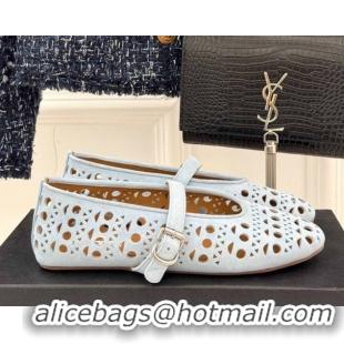 Shop Duplicate Alaia Ballet Flat in Openwork Suede Light Blue 50224046