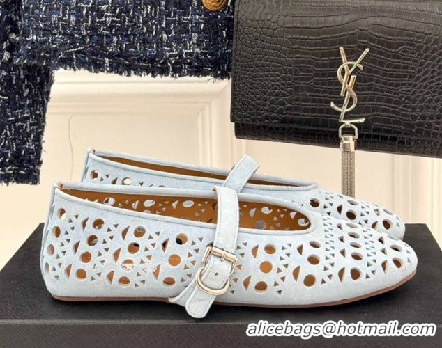 Shop Duplicate Alaia Ballet Flat in Openwork Suede Light Blue 50224046