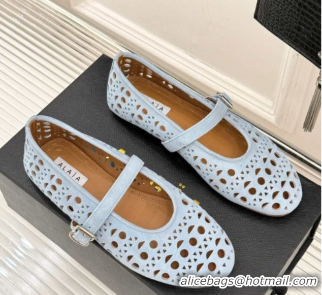 Shop Duplicate Alaia Ballet Flat in Openwork Suede Light Blue 50224046