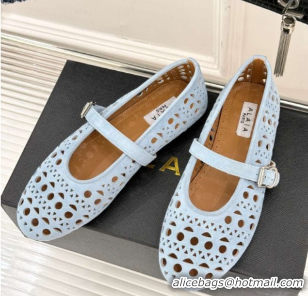 Shop Duplicate Alaia Ballet Flat in Openwork Suede Light Blue 50224046