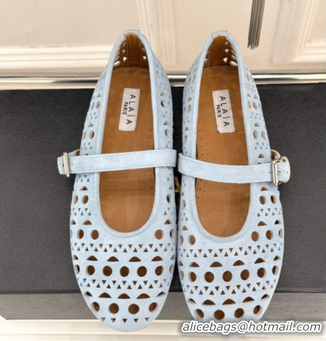Shop Duplicate Alaia Ballet Flat in Openwork Suede Light Blue 50224046