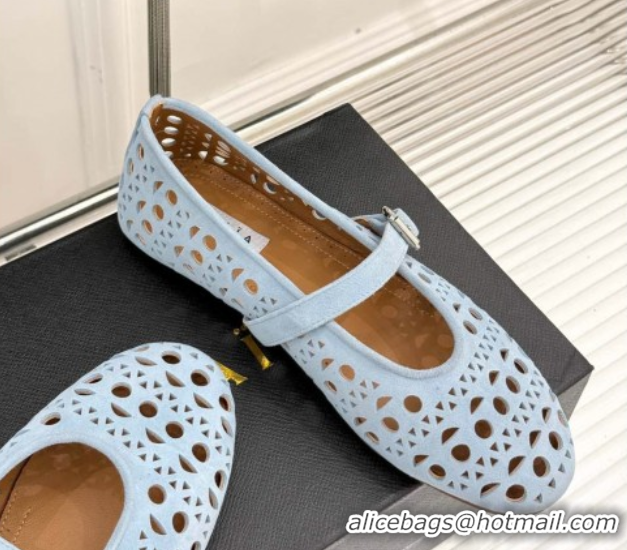 Shop Duplicate Alaia Ballet Flat in Openwork Suede Light Blue 50224046