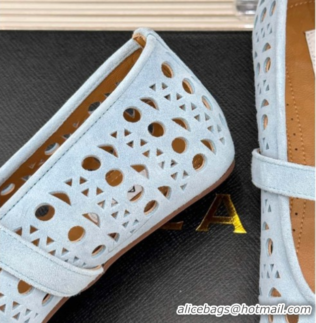 Shop Duplicate Alaia Ballet Flat in Openwork Suede Light Blue 50224046