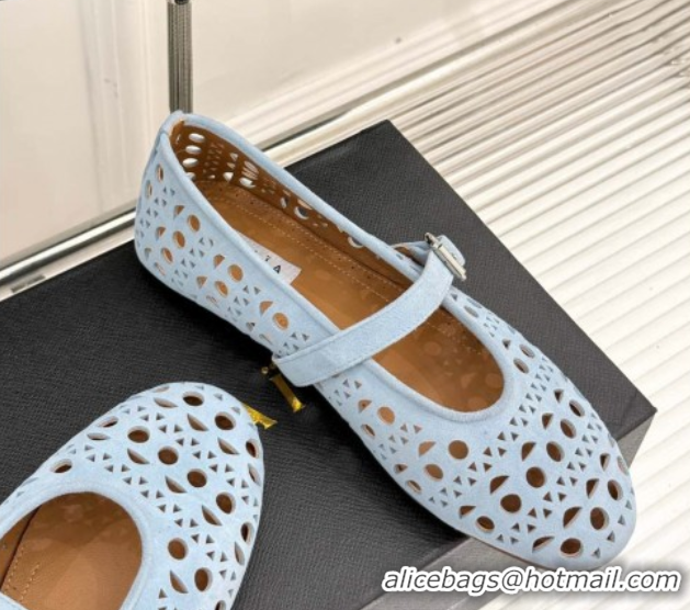 Shop Duplicate Alaia Ballet Flat in Openwork Suede Light Blue 50224046