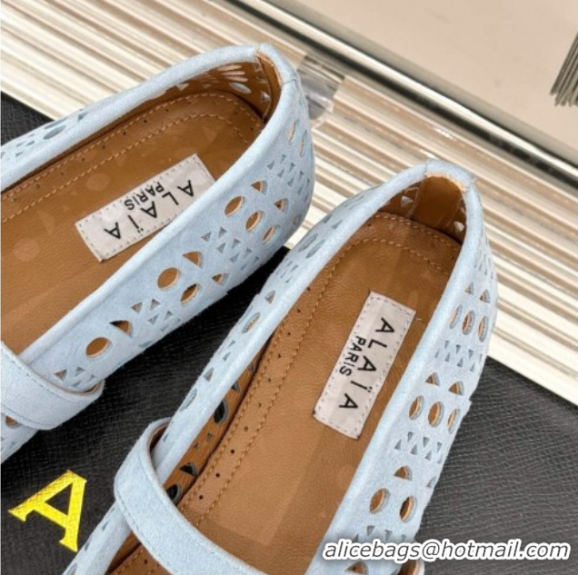 Shop Duplicate Alaia Ballet Flat in Openwork Suede Light Blue 50224046