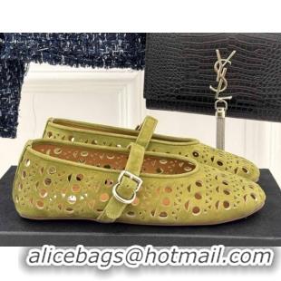 Popular Style Alaia Ballet Flat in Openwork Suede Light Green 0224047