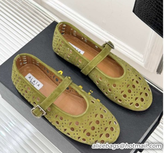 Popular Style Alaia Ballet Flat in Openwork Suede Light Green 0224047