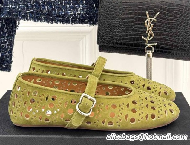 Popular Style Alaia Ballet Flat in Openwork Suede Light Green 0224047