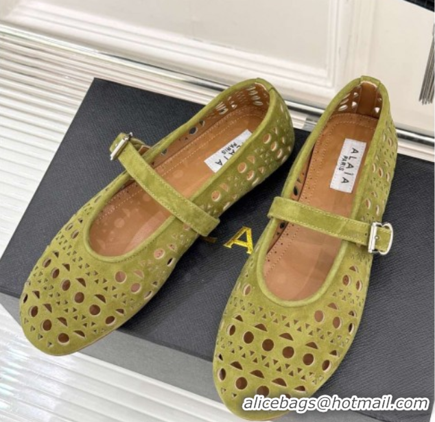 Popular Style Alaia Ballet Flat in Openwork Suede Light Green 0224047
