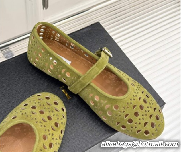 Popular Style Alaia Ballet Flat in Openwork Suede Light Green 0224047