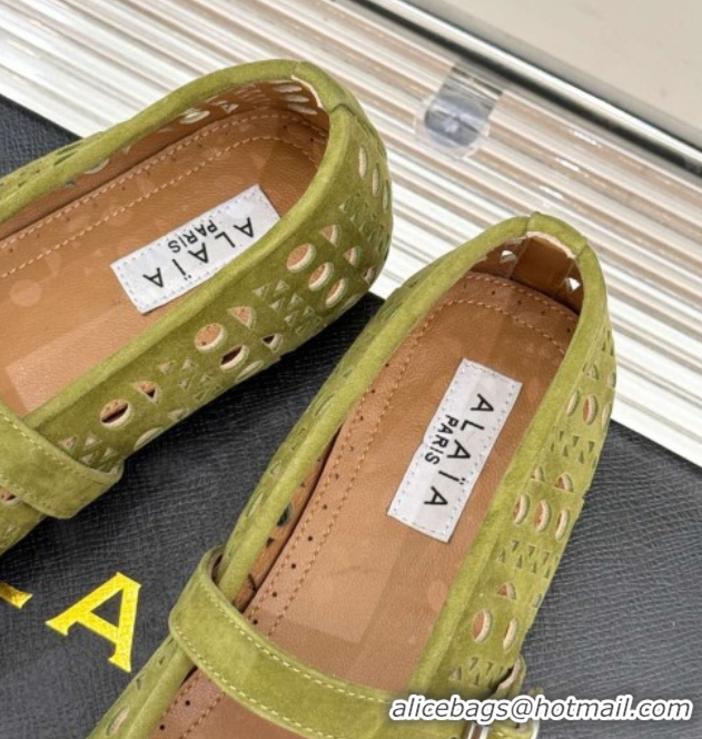 Popular Style Alaia Ballet Flat in Openwork Suede Light Green 0224047