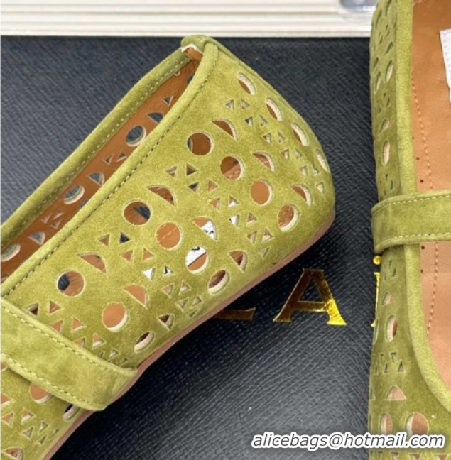 Popular Style Alaia Ballet Flat in Openwork Suede Light Green 0224047