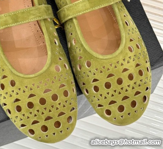 Popular Style Alaia Ballet Flat in Openwork Suede Light Green 0224047