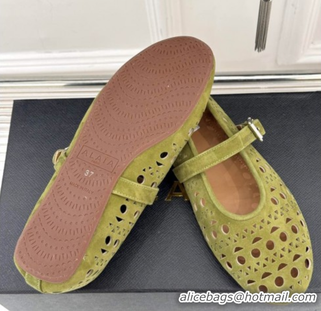 Popular Style Alaia Ballet Flat in Openwork Suede Light Green 0224047