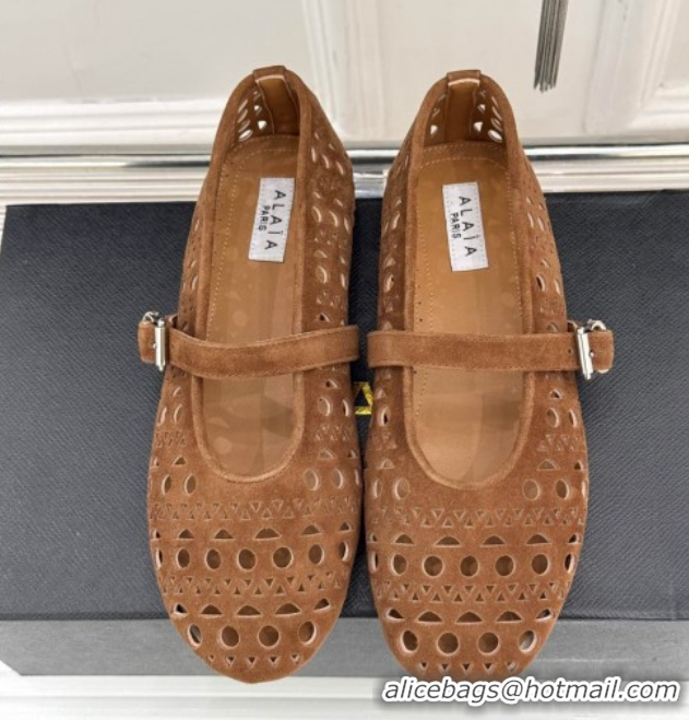 Top Grade Alaia Ballet Flat in Openwork Suede Bronw 50224048