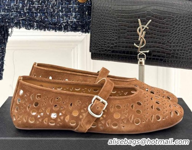 Top Grade Alaia Ballet Flat in Openwork Suede Bronw 50224048