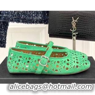 Sumptuous Alaia Ballet Flat in Openwork Suede Green 0224049