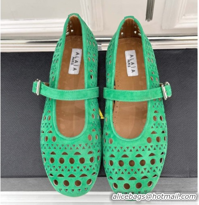 Sumptuous Alaia Ballet Flat in Openwork Suede Green 0224049