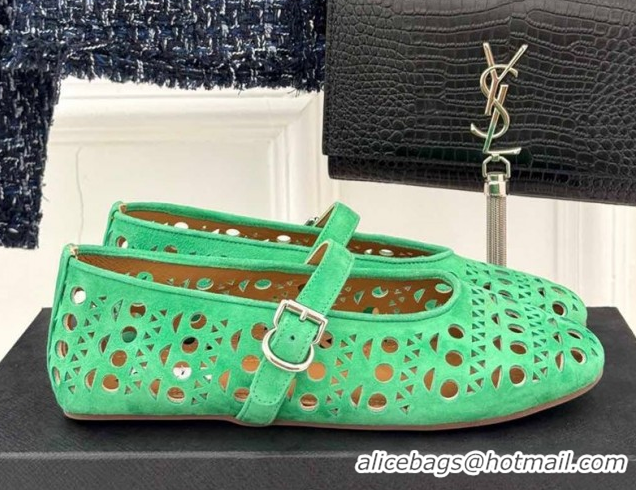 Sumptuous Alaia Ballet Flat in Openwork Suede Green 0224049