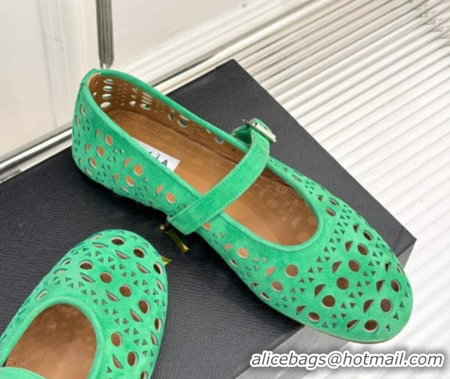 Sumptuous Alaia Ballet Flat in Openwork Suede Green 0224049