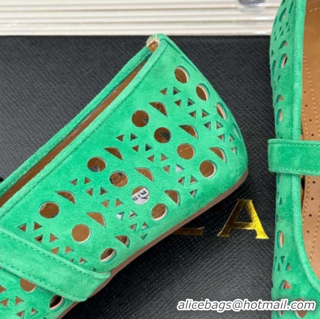 Sumptuous Alaia Ballet Flat in Openwork Suede Green 0224049