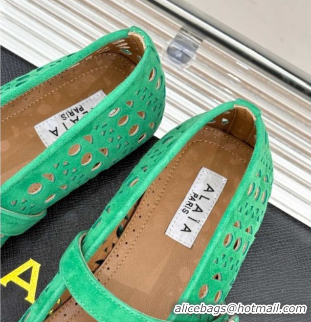 Sumptuous Alaia Ballet Flat in Openwork Suede Green 0224049