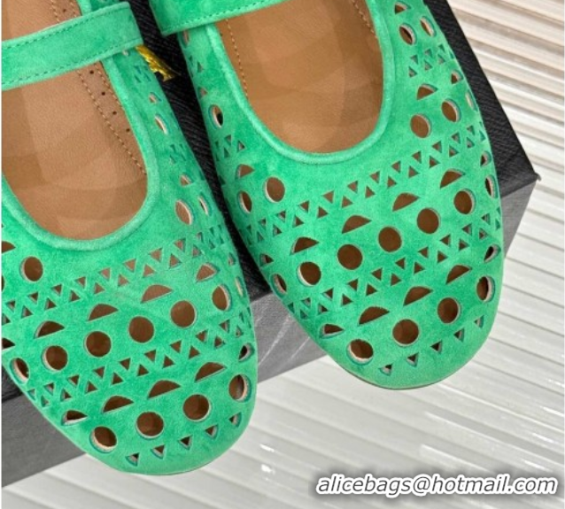 Sumptuous Alaia Ballet Flat in Openwork Suede Green 0224049