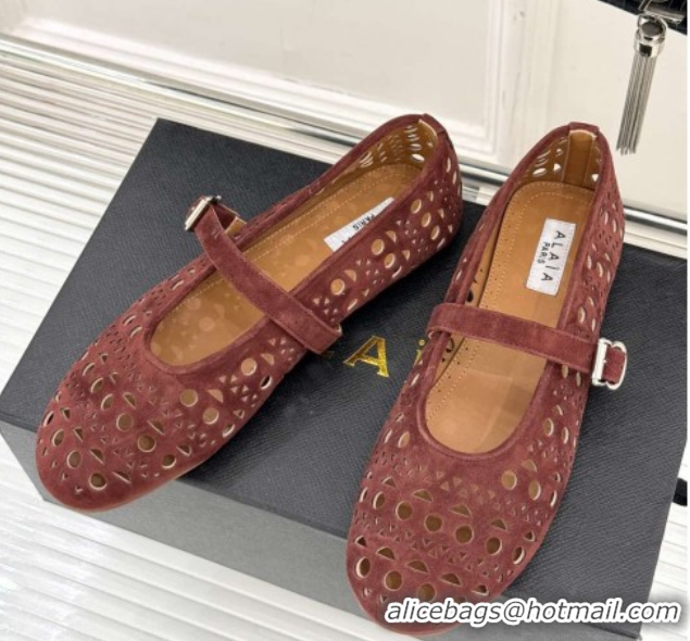 Duplicate Alaia Ballet Flat in Openwork Suede Dark Brown 50224050