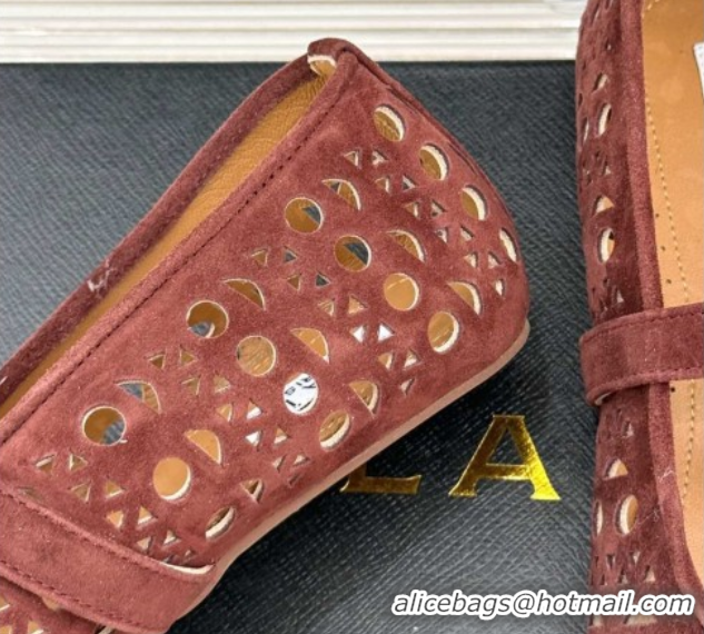 Duplicate Alaia Ballet Flat in Openwork Suede Dark Brown 50224050