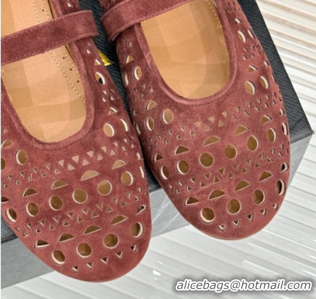 Duplicate Alaia Ballet Flat in Openwork Suede Dark Brown 50224050