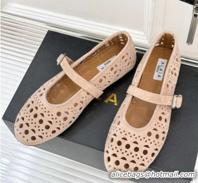AAAAA Alaia Ballet Flat in Openwork Suede Nude Pink 50224051