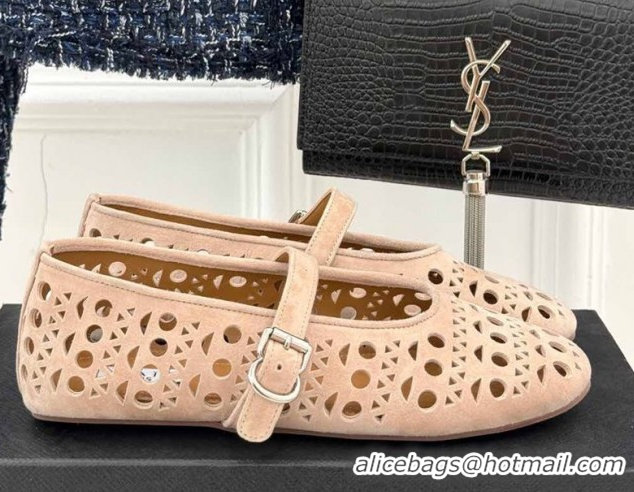 AAAAA Alaia Ballet Flat in Openwork Suede Nude Pink 50224051
