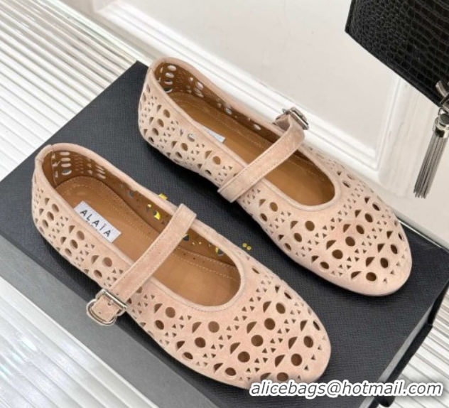 AAAAA Alaia Ballet Flat in Openwork Suede Nude Pink 50224051
