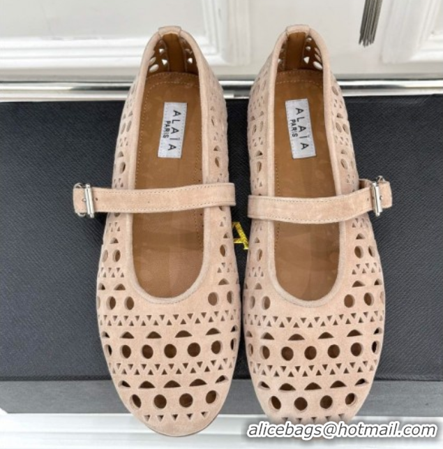 AAAAA Alaia Ballet Flat in Openwork Suede Nude Pink 50224051