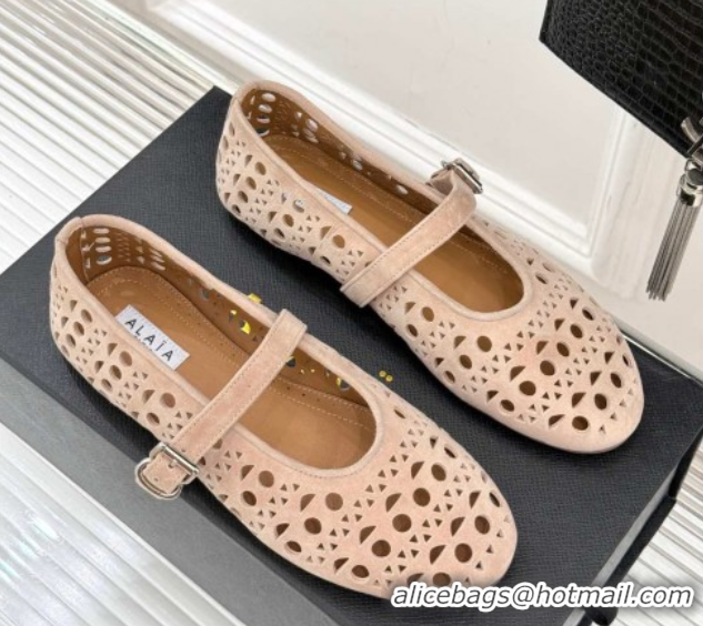AAAAA Alaia Ballet Flat in Openwork Suede Nude Pink 50224051