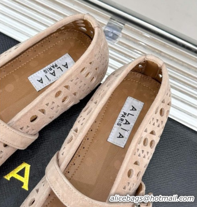 AAAAA Alaia Ballet Flat in Openwork Suede Nude Pink 50224051
