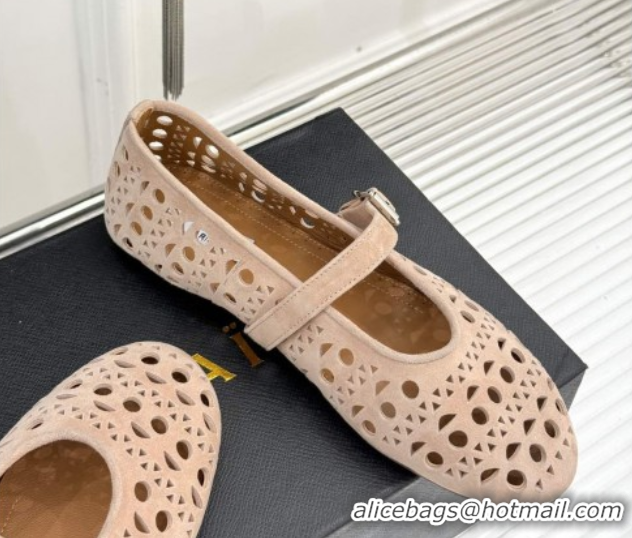 AAAAA Alaia Ballet Flat in Openwork Suede Nude Pink 50224051