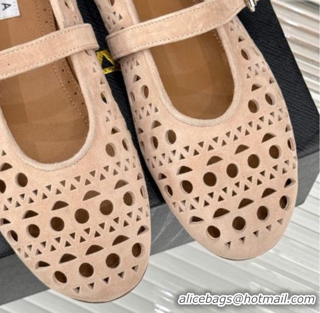 AAAAA Alaia Ballet Flat in Openwork Suede Nude Pink 50224051