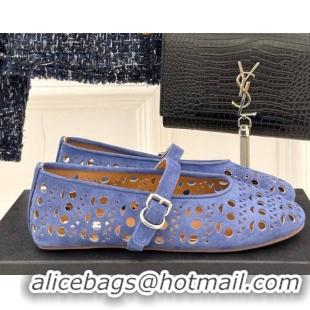 Duplicate Alaia Ballet Flat in Openwork Suede Blue Purple 50224052