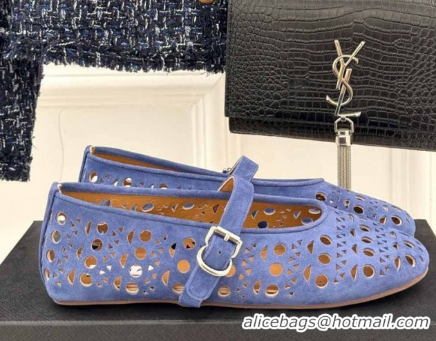 Duplicate Alaia Ballet Flat in Openwork Suede Blue Purple 50224052