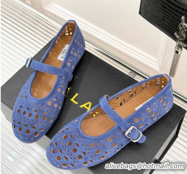 Duplicate Alaia Ballet Flat in Openwork Suede Blue Purple 50224052